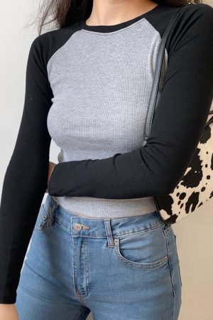 Color Block Raglan Sleeve Long Sleeve T-shirt for Women - Vintage Style Round Neck High Waist Slim Fit Top