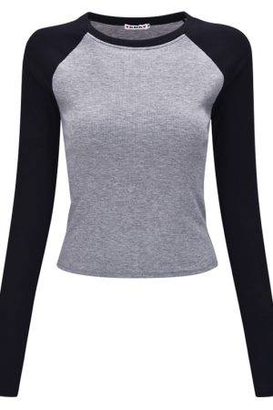 Color Block Raglan Sleeve Long Sleeve T-shirt for Women - Vintage Style Round Neck High Waist Slim Fit Top
