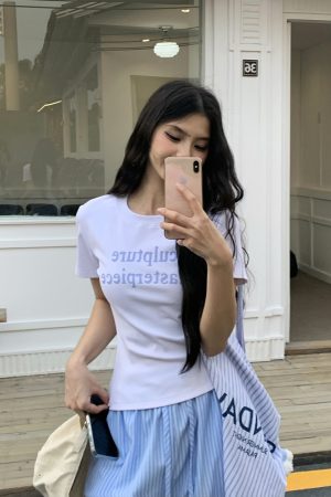 Color Block Short Sleeve T-Shirt for Women - 2025 Summer Slim Fit with Sister Letter Print, Trendy Y2K Style