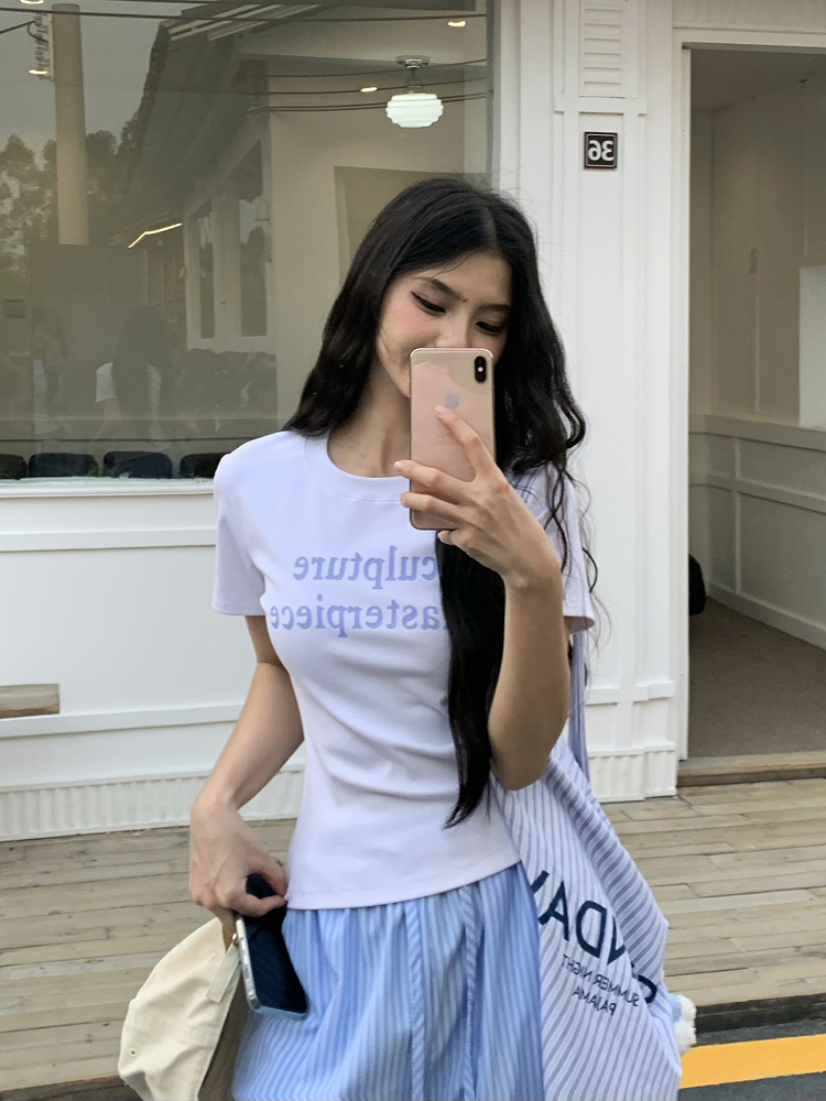 Color Block Short Sleeve T-Shirt for Women - 2025 Summer Slim Fit with Sister Letter Print, Trendy Y2K Style Color Block Short Sleeve T-Shirt for Women - 2025 Summer Slim Fit with Sister Letter Print, Trendy Y2K Style
