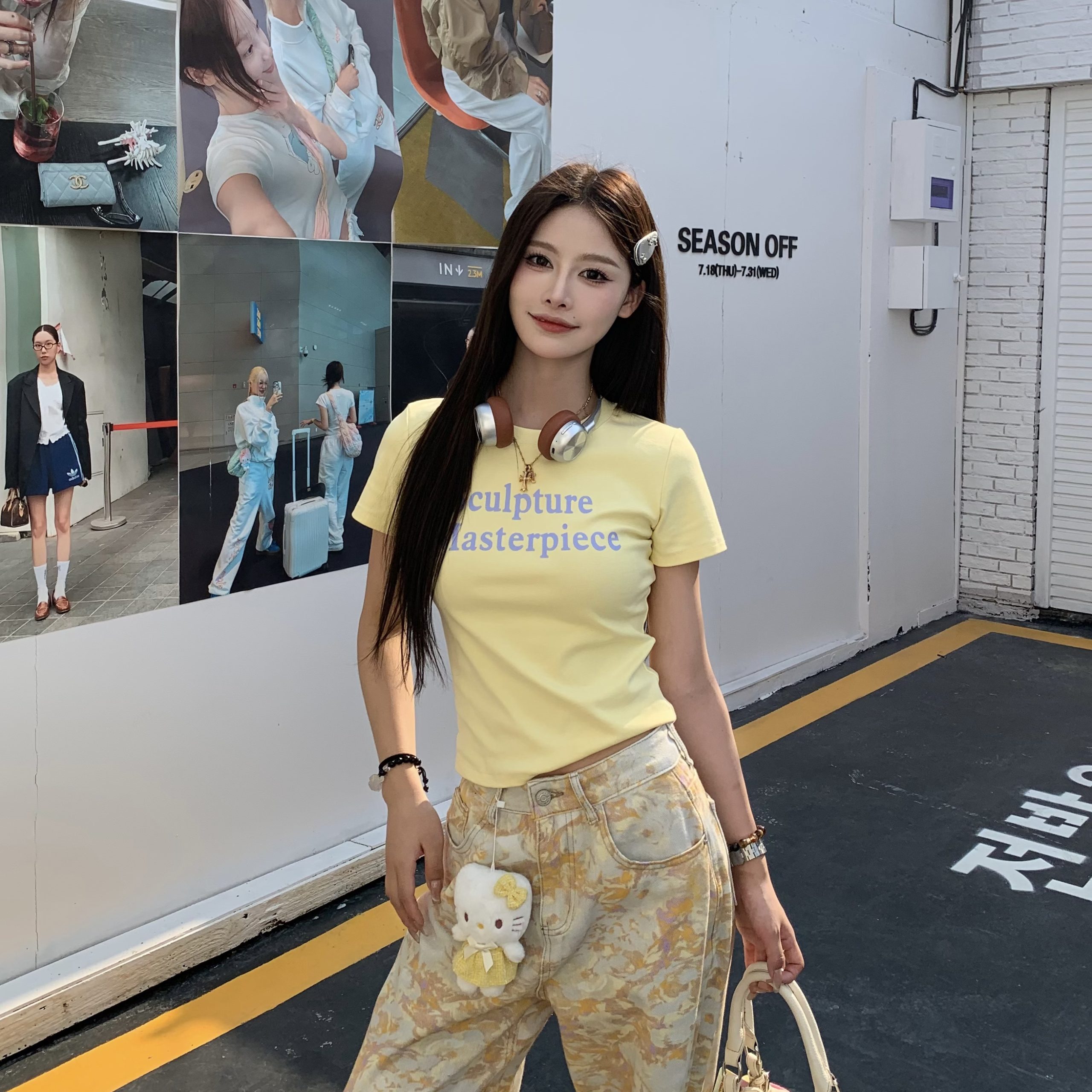 Color Block Short Sleeve T-Shirt for Women - 2025 Summer Slim Fit with Sister Letter Print, Trendy Y2K Style Color Block Short Sleeve T-Shirt for Women - 2025 Summer Slim Fit with Sister Letter Print, Trendy Y2K Style