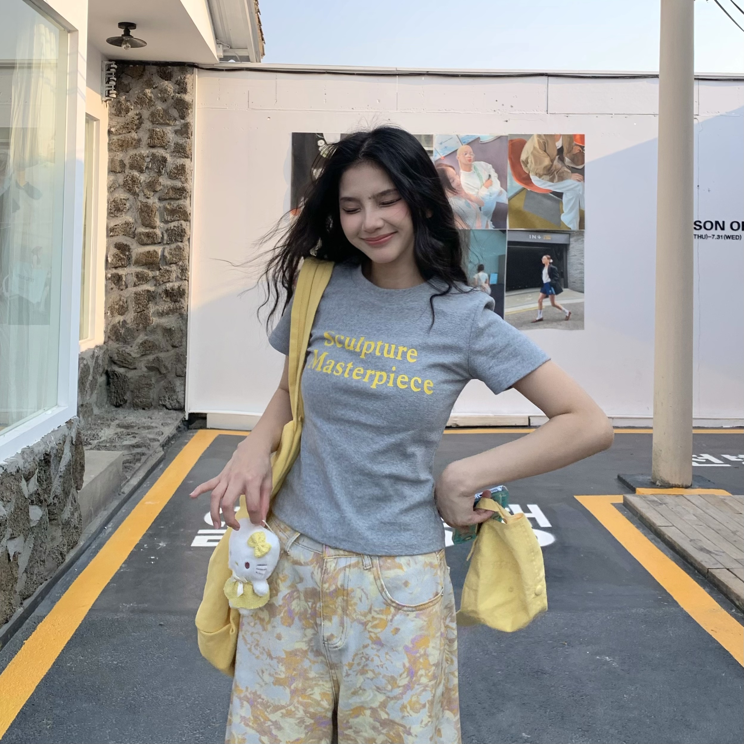 Color Block Short Sleeve T-Shirt for Women - 2025 Summer Slim Fit with Sister Letter Print, Trendy Y2K Style Color Block Short Sleeve T-Shirt for Women - 2025 Summer Slim Fit with Sister Letter Print, Trendy Y2K Style