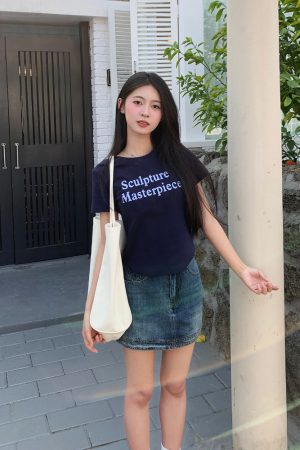 Color Block Short Sleeve T-Shirt for Women - 2025 Summer Slim Fit with Sister Letter Print, Trendy Y2K Style