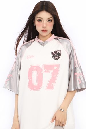 Color Block Short Sleeve V-Neck T-Shirt for Women - American Style Silver Sports Jersey - Summer Casual Top