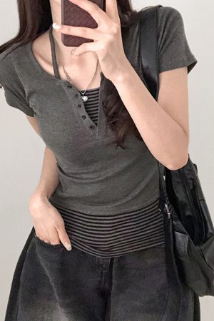 Color-block Striped Halter V-neck Button-up Slim-fit Knit Short Sleeve T-shirt Two-piece Set for Street Style Outfit