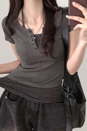 Color-block Striped Halter V-neck Button-up Slim-fit Knit Short Sleeve T-shirt Two-piece Set for Street Style Outfit