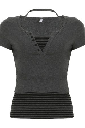Color-block Striped Halter V-neck Button-up Slim-fit Knit Short Sleeve T-shirt Two-piece Set for Street Style Outfit