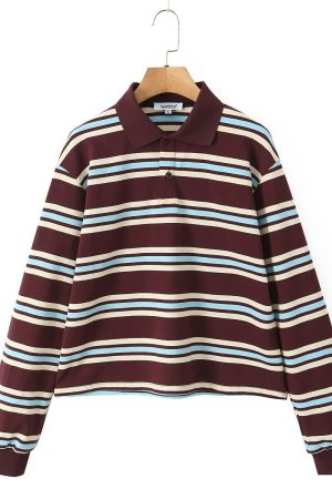 Color Block Striped Long Sleeve T-Shirt with Ultra Short Pleated Skirt - Women's Vintage Spring/Summer Outfit