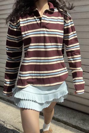 Color Block Striped Long Sleeve T-Shirt with Ultra Short Pleated Skirt - Women's Vintage Spring/Summer Outfit