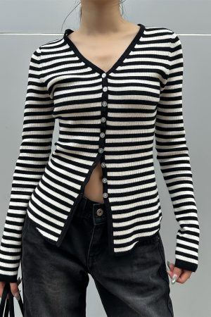 Color Block Striped Textured Button V-Neck High Elastic Slim Fit Knitted Cardigan for Women - 2025 Fashion Essential