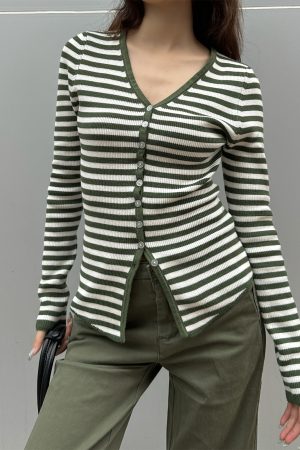 Color Block Striped Textured Button V-Neck High Elastic Slim Fit Knitted Cardigan for Women - 2025 Fashion Essential