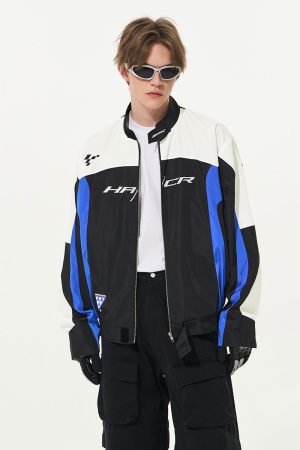 Color-Blocked Embroidered Racing Jacket with Stand Collar - American Racing Style, Inspired by 90s Fashion