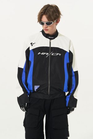 Color-Blocked Embroidered Racing Jacket with Stand Collar - American Racing Style, Inspired by 90s Fashion