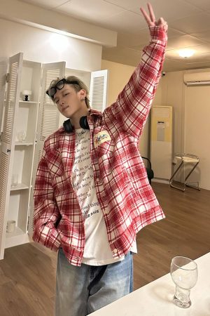 Color-Blocked Plaid Long Sleeve Shirt - Unisex High Street Trendy Jacket for Autumn - 90s American Style