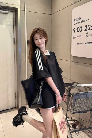 Color-Blocked Stripes Cotton Short Sleeve T-Shirt for Men and Women - Trendy Plus Size Loose Fit American Style Couple Outfit