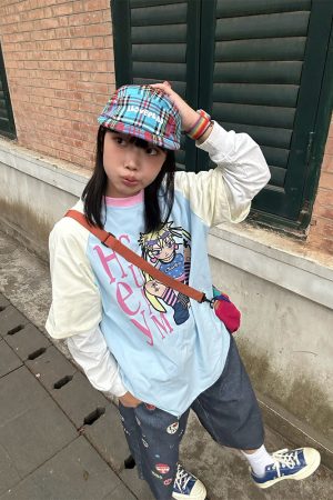 Color-Blocking Anime Graphic Unisex Loose Casual Summer T-Shirt - American Style, Short Sleeve, 90s Inspired Fashion