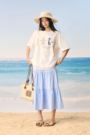 Color-Blocking Floral Patchwork Embroidered Round Neck Loose Short-Sleeve T-Shirt for Kids and Adults - Playful 90s Style