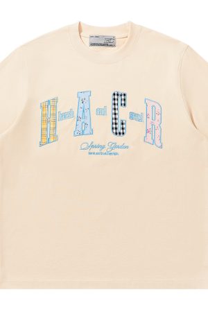 Color-Blocking Floral Patchwork Embroidered Round Neck Loose Short-Sleeve T-Shirt for Kids and Adults - Playful 90s Style