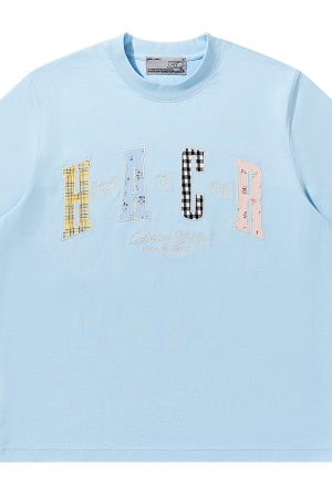 Color-Blocking Floral Patchwork Embroidered Round Neck Loose Short-Sleeve T-Shirt for Kids and Adults - Playful 90s Style