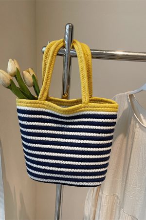 Color-Blocking Striped Woven Shoulder Bag for Women - Versatile Summer 2025 Beach Bucket Bag