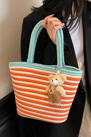 Color-Blocking Striped Woven Shoulder Bag for Women - Versatile Summer 2025 Beach Bucket Bag