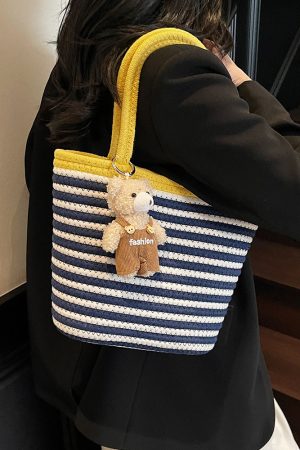 Color-Blocking Striped Woven Shoulder Bag for Women - Versatile Summer 2025 Beach Bucket Bag