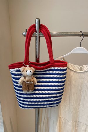 Color-Blocking Striped Woven Shoulder Bag for Women - Versatile Summer 2025 Beach Bucket Bag