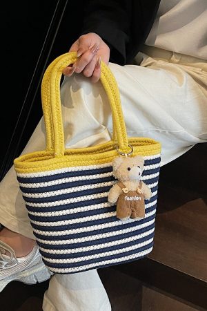 Color-Blocking Striped Woven Shoulder Bag for Women - Versatile Summer 2025 Beach Bucket Bag