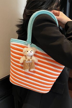 Color-Blocking Striped Woven Shoulder Bag for Women - Versatile Summer 2025 Beach Bucket Bag