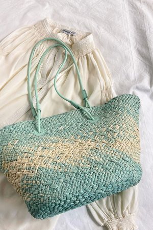 Color-Blocking Woven Straw Bag for Women - Large Capacity Shoulder Bag for Summer Seaside Vacation 2025 Fashion