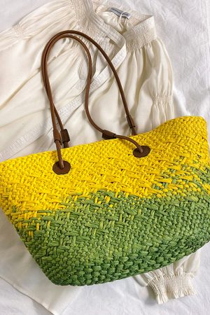 Color-Blocking Woven Straw Bag for Women - Large Capacity Shoulder Bag for Summer Seaside Vacation 2025 Fashion