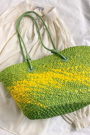 Color-Blocking Woven Straw Bag for Women - Large Capacity Shoulder Bag for Summer Seaside Vacation 2025 Fashion