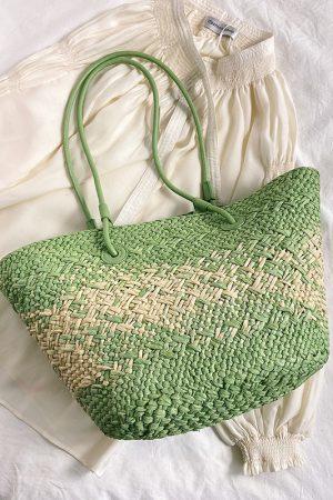 Color-Blocking Woven Straw Bag for Women - Large Capacity Shoulder Bag for Summer Seaside Vacation 2025 Fashion