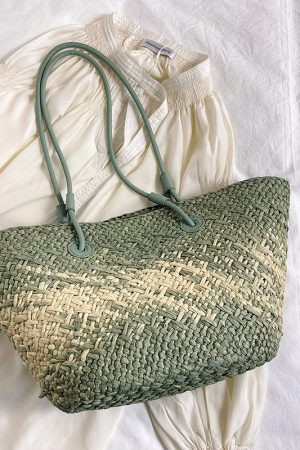 Color-Blocking Woven Straw Bag for Women - Large Capacity Shoulder Bag for Summer Seaside Vacation 2025 Fashion