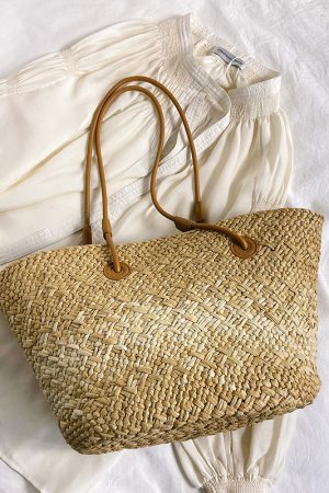 Color-Blocking Woven Straw Bag for Women - Large Capacity Shoulder Bag for Summer Seaside Vacation 2025 Fashion