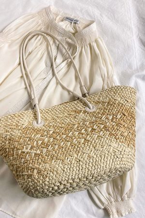 Color-Blocking Woven Straw Bag for Women - Large Capacity Shoulder Bag for Summer Seaside Vacation 2025 Fashion