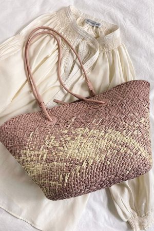 Color-Blocking Woven Straw Bag for Women - Large Capacity Shoulder Bag for Summer Seaside Vacation 2025 Fashion