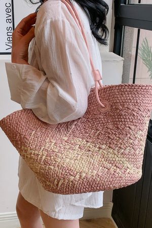 Color-Blocking Woven Straw Bag for Women - Large Capacity Shoulder Bag for Summer Seaside Vacation 2025 Fashion