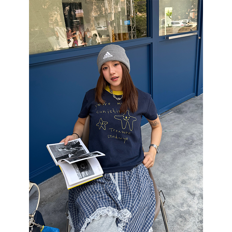 Color Dot Contrast Embroidery Short Sleeve T-Shirt for Women, Summer Round Neck Top, INS Style, Casual Chic Fashion Color Dot Contrast Embroidery Short Sleeve T-Shirt for Women, Summer Round Neck Top, INS Style, Casual Chic Fashion