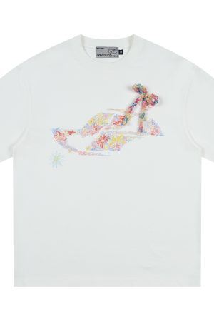 Colorful Floral Graffiti Crayon-Painted Short Sleeve T-Shirt for Kids with Bow Detail - Quirky and Fun Design