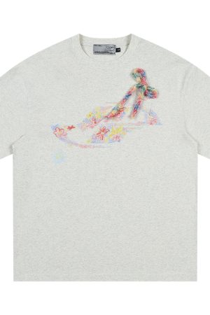 Colorful Floral Graffiti Crayon-Painted Short Sleeve T-Shirt for Kids with Bow Detail - Quirky and Fun Design
