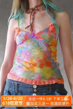Colorful Floral Mesh Spaghetti Strap Women's Summer Vest - Forest Fairy Design, Dopamine Element, Trendy Y2K Style