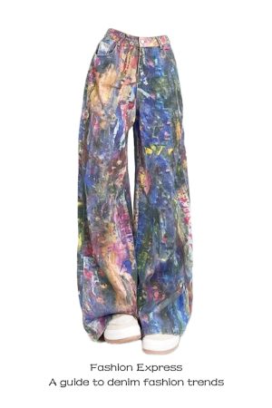 Colorful Graffiti Splatter High-Waisted Wide-Leg Jeans for Women - American Retro Style Casual Pants for Spring and Autumn 2025