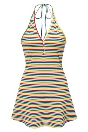 Colorful Striped Halter Dress for Women - Backless Slim A-line Mini Skirt, Perfect for Summer or Y2K Fashion Styles