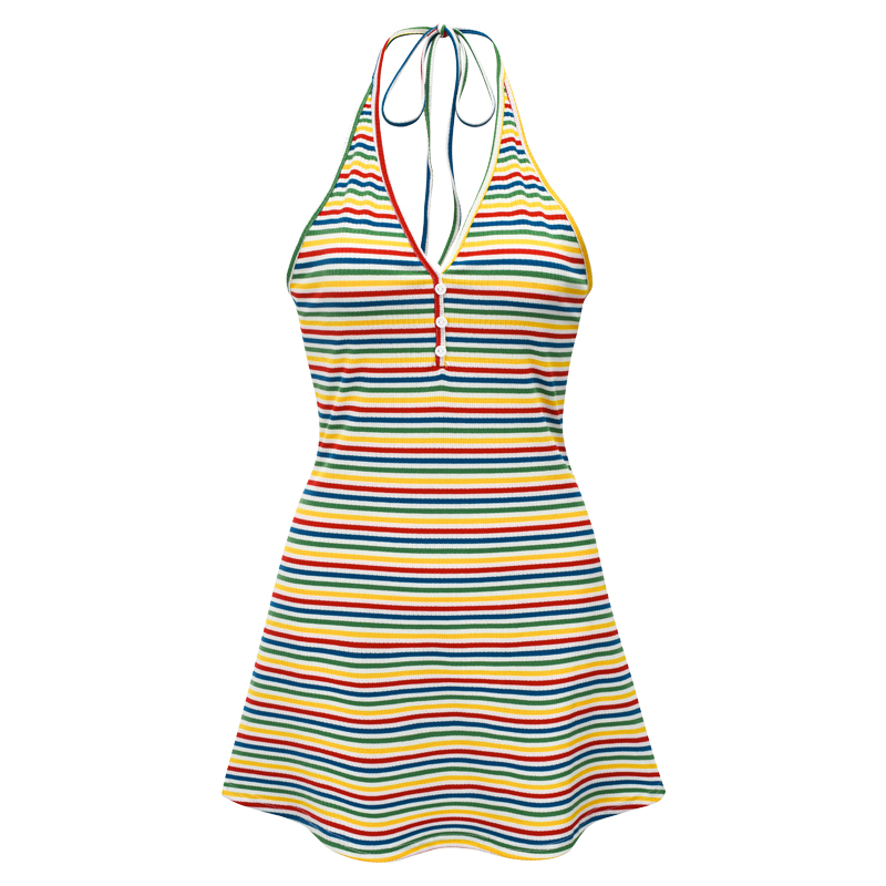 Colorful Striped Halter Dress for Women - Backless Slim A-line Mini Skirt, Perfect for Summer or Y2K Fashion Styles Colorful Striped Halter Dress for Women - Backless Slim A-line Mini Skirt, Perfect for Summer or Y2K Fashion Styles