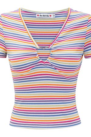 Colorful Striped Heart Button V-Neck Short Sleeve T-Shirt for Women â€“ Slim Fit European American Style Y2K Fashion Top