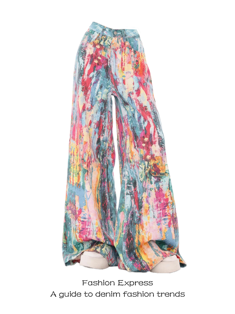 Colorful Women's Denim Wide-Leg Pants with Splash Ink Oil Painting Print, Slim Fit Trendy Style for Spring 2025 Colorful Women's Denim Wide-Leg Pants with Splash Ink Oil Painting Print, Slim Fit Trendy Style for Spring 2025