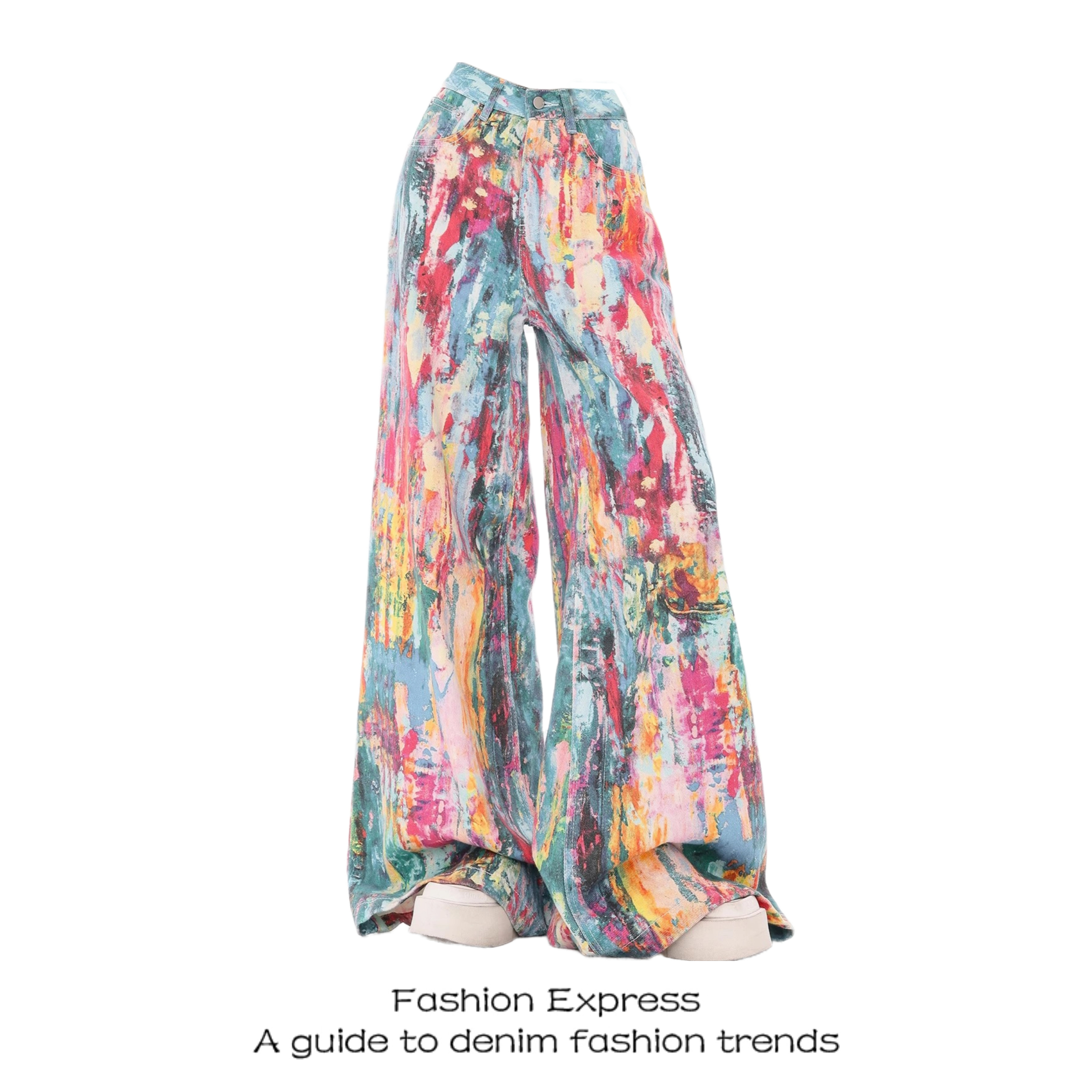 Colorful Women's Denim Wide-Leg Pants with Splash Ink Oil Painting Print, Slim Fit Trendy Style for Spring 2025 Colorful Women's Denim Wide-Leg Pants with Splash Ink Oil Painting Print, Slim Fit Trendy Style for Spring 2025