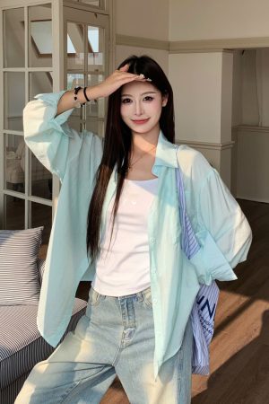 Cool Feeling Green Sunscreen Long Sleeve Shirt for Women - Loose Summer Cardigan Top, Perfect for 90s and Y2K Style