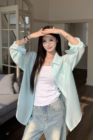 Cool Feeling Green Sunscreen Long Sleeve Shirt for Women - Loose Summer Cardigan Top, Perfect for 90s and Y2K Style